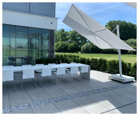 Umbrosa Versa UX Architecture ǀ Sunbrella Marbleǀ 3 x 3 m ǀ frame powder coated White RAL 9018