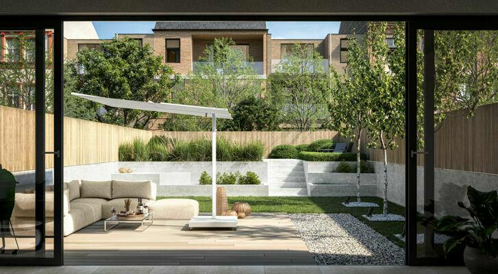 Ombrellone a palo laterale NANO UX  ǀ  Architecture ǀ  2.5 m quadrato  ǀ telo Sunbrella Marble