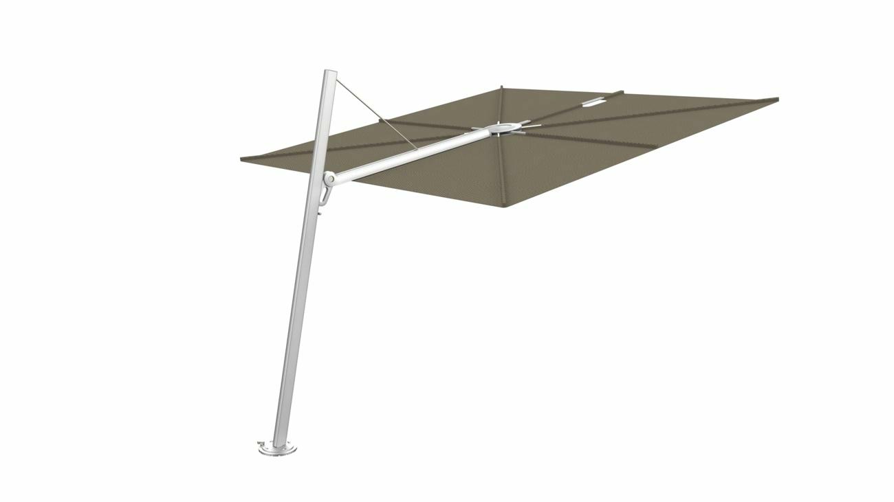 Spectra cantilever umbrella, forward (80°), 250 x 250 square, with frame in Aluminum and Solidum Taupe canopy.