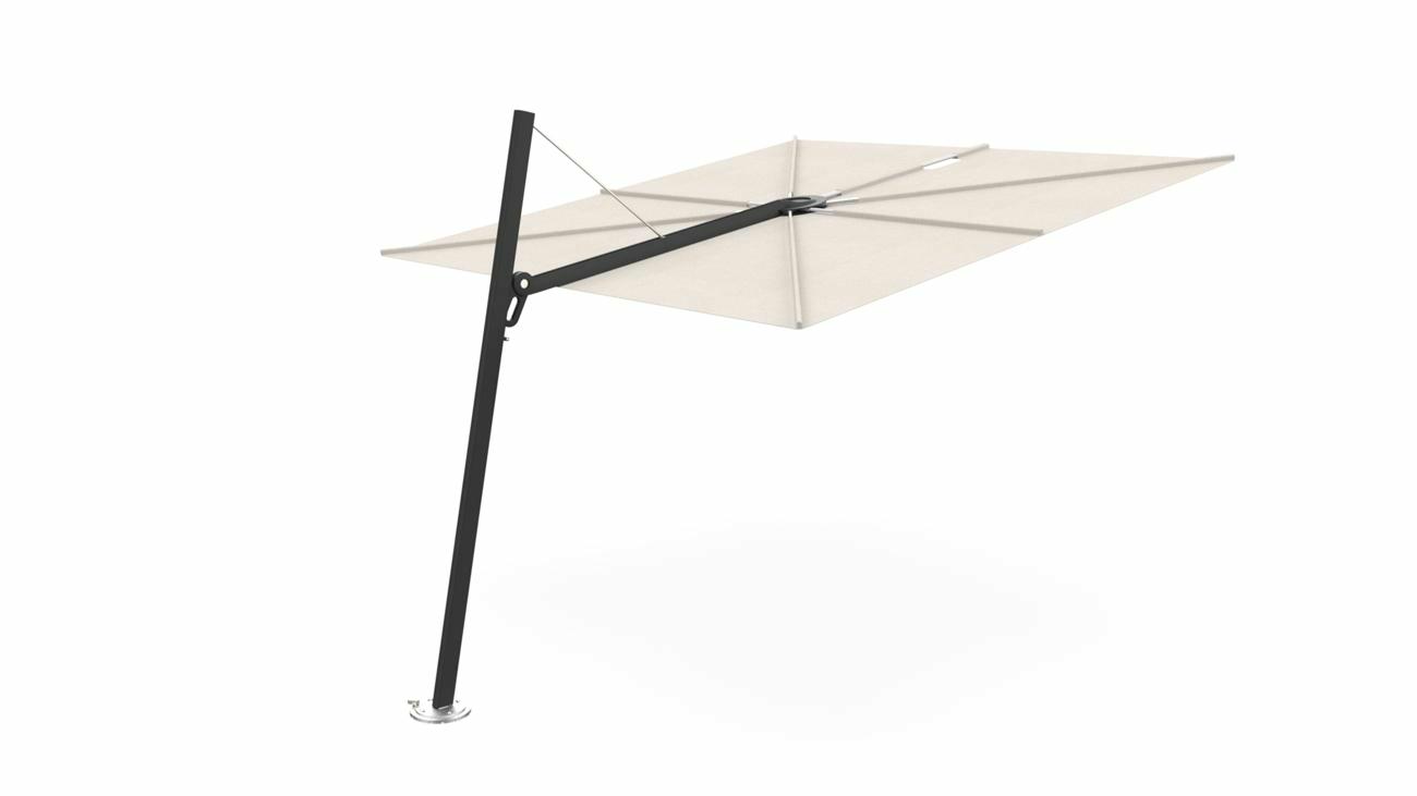 Spectra cantilever umbrella, forward (80°), 250 x 250 square, with frame in Dusk (15 cm) and Solidum Canvas canopy.