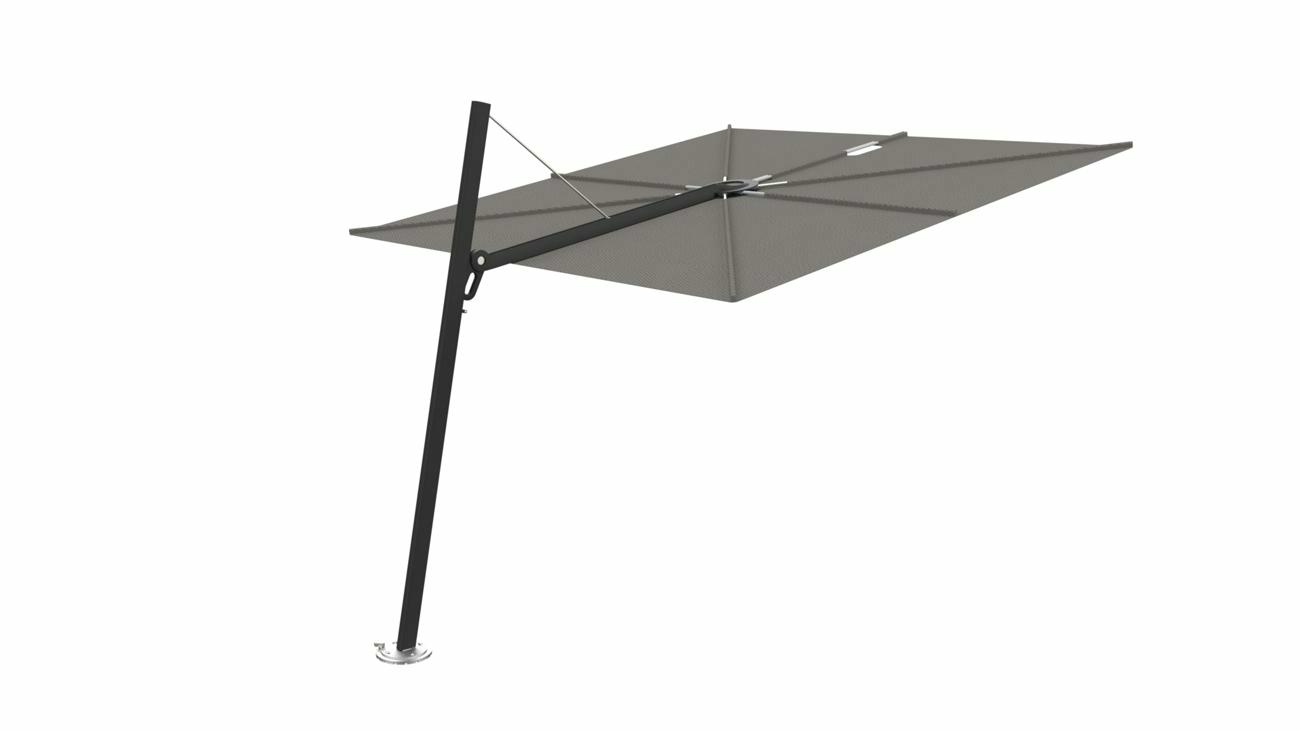 Spectra cantilever umbrella, forward (80°), 250 x 250 square, with frame in Dusk (15 cm) and Solidum Grey canopy.