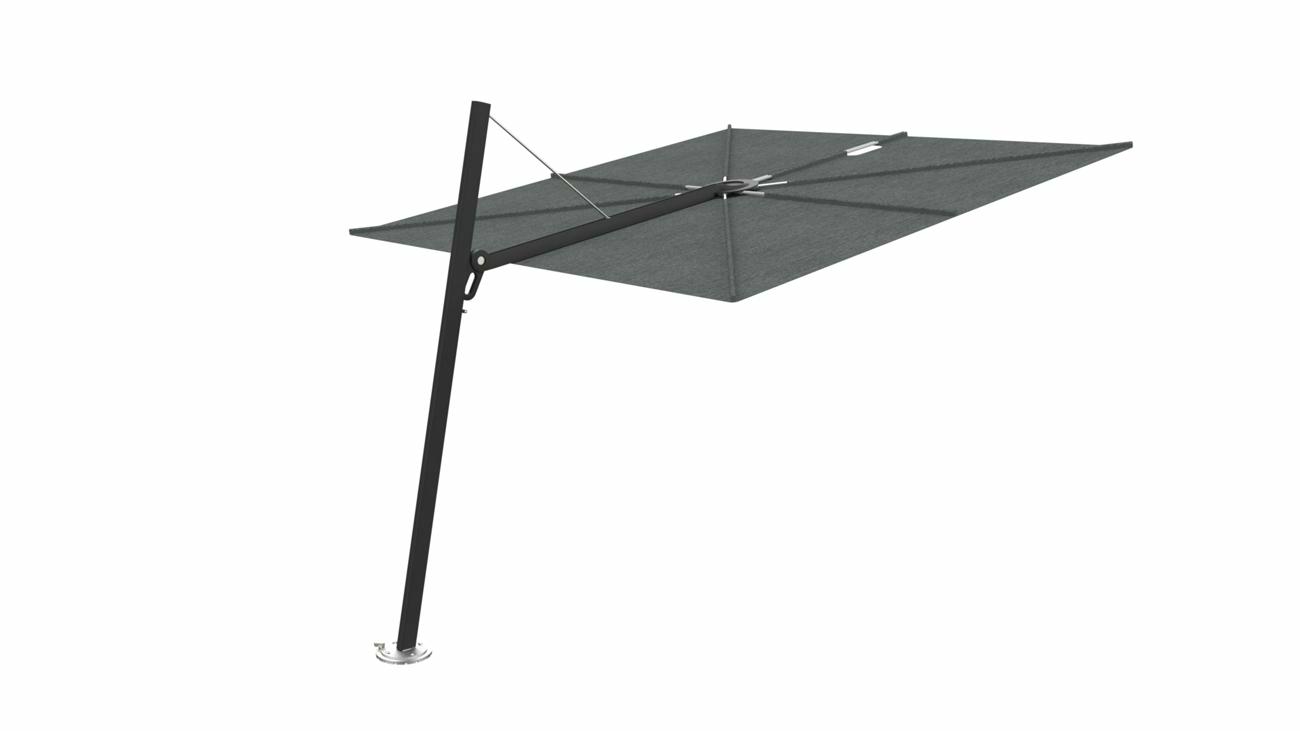 Spectra cantilever umbrella, forward (80°), 250 x 250 square, with frame in Dusk (15 cm) and Solidum Flanelle canopy.