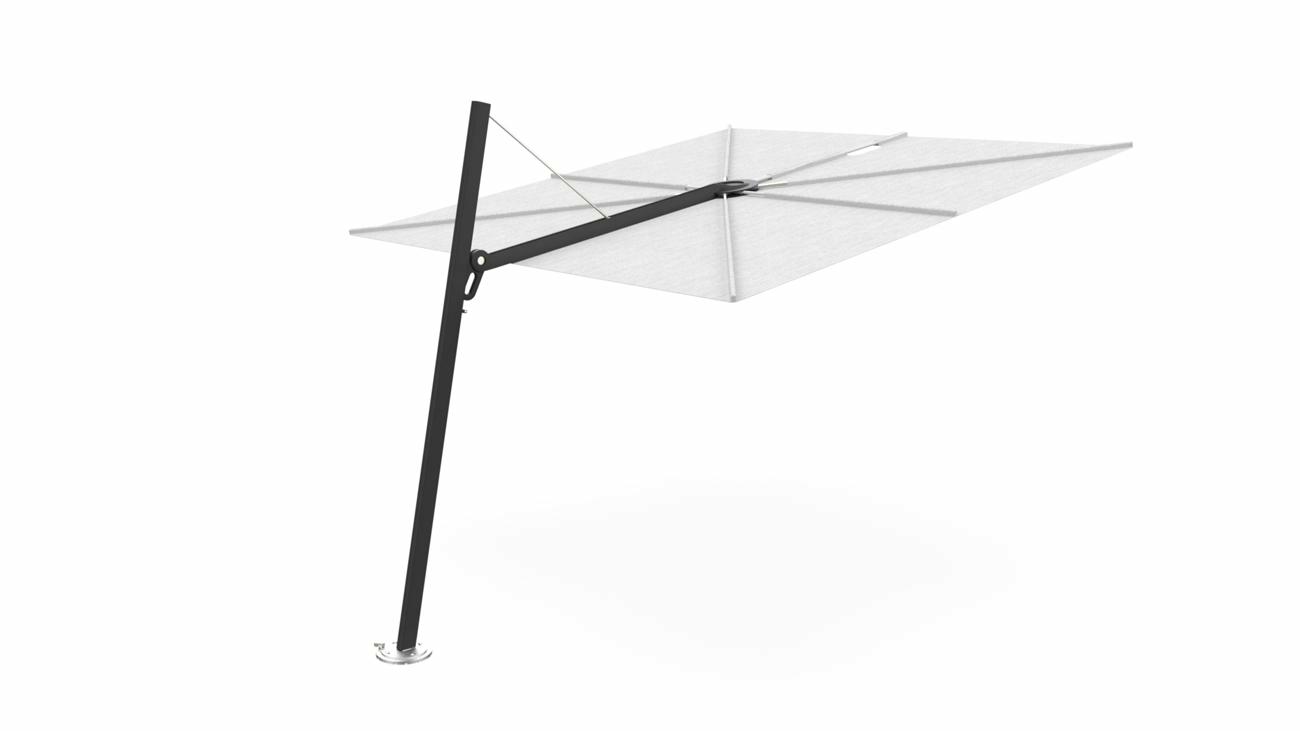 Spectra cantilever umbrella, forward (80°), 250 x 250 square, with frame in Dusk (15 cm) and Solidum Marble canopy.
