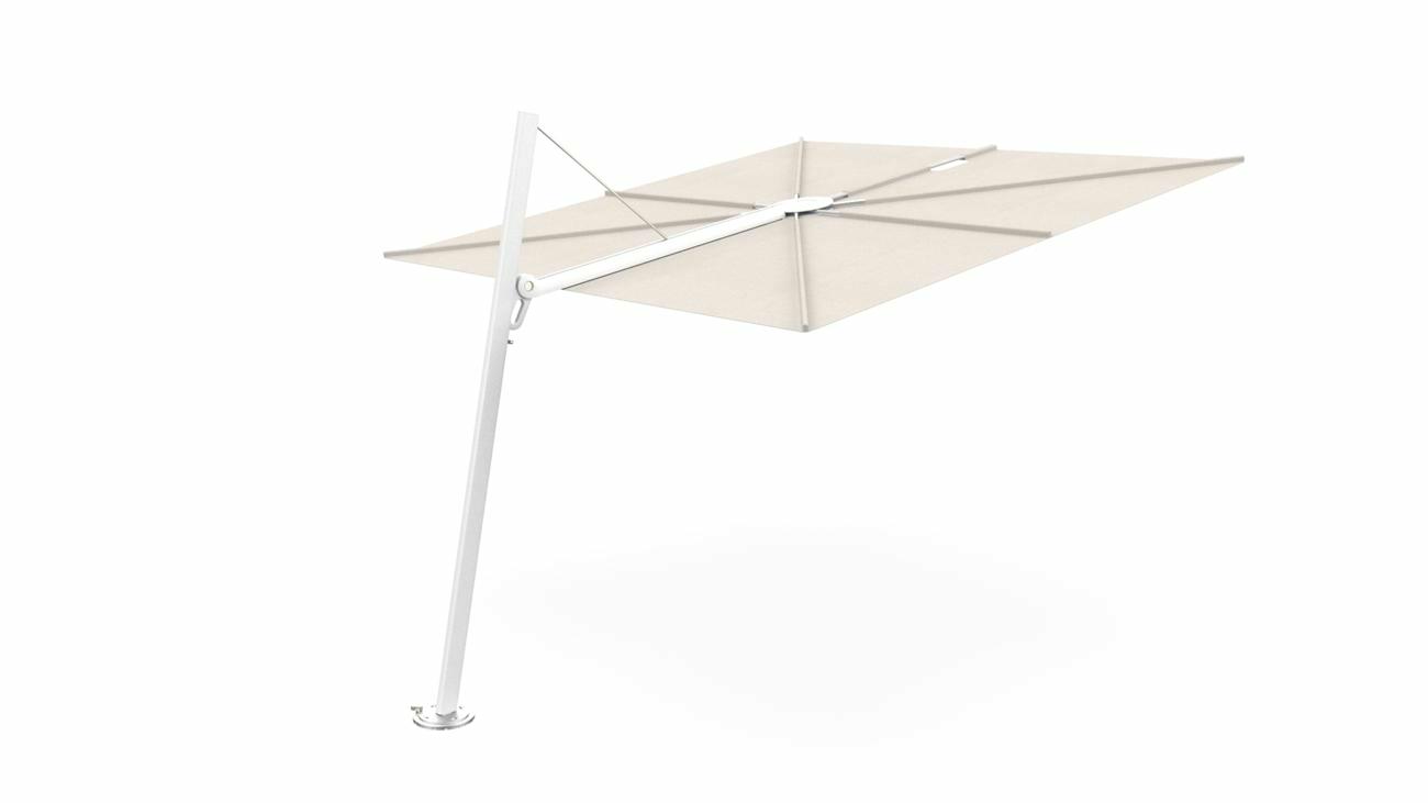 Spectra cantilever umbrella, forward (80°), 250 x 250 square, with frame in White and Solidum Canvas canopy.