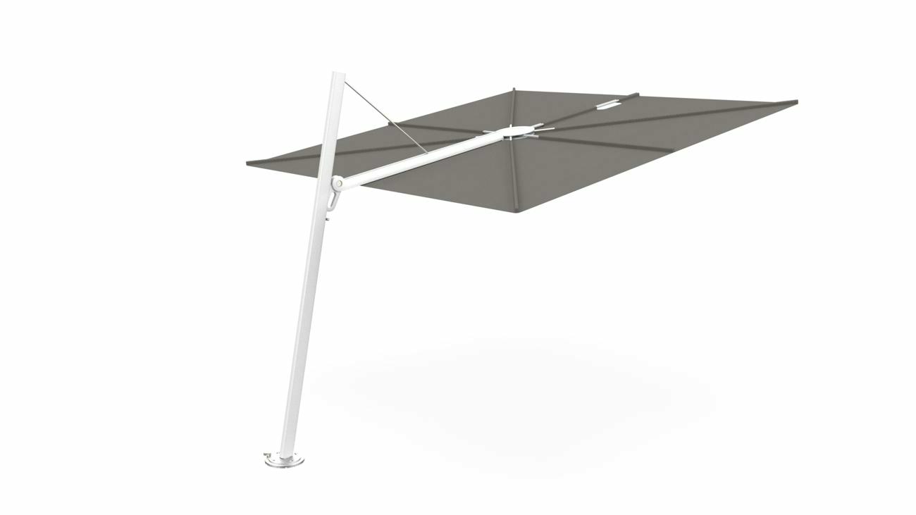 Spectra cantilever umbrella, forward (80°), 250 x 250 square, with frame in White and Solidum Grey canopy.