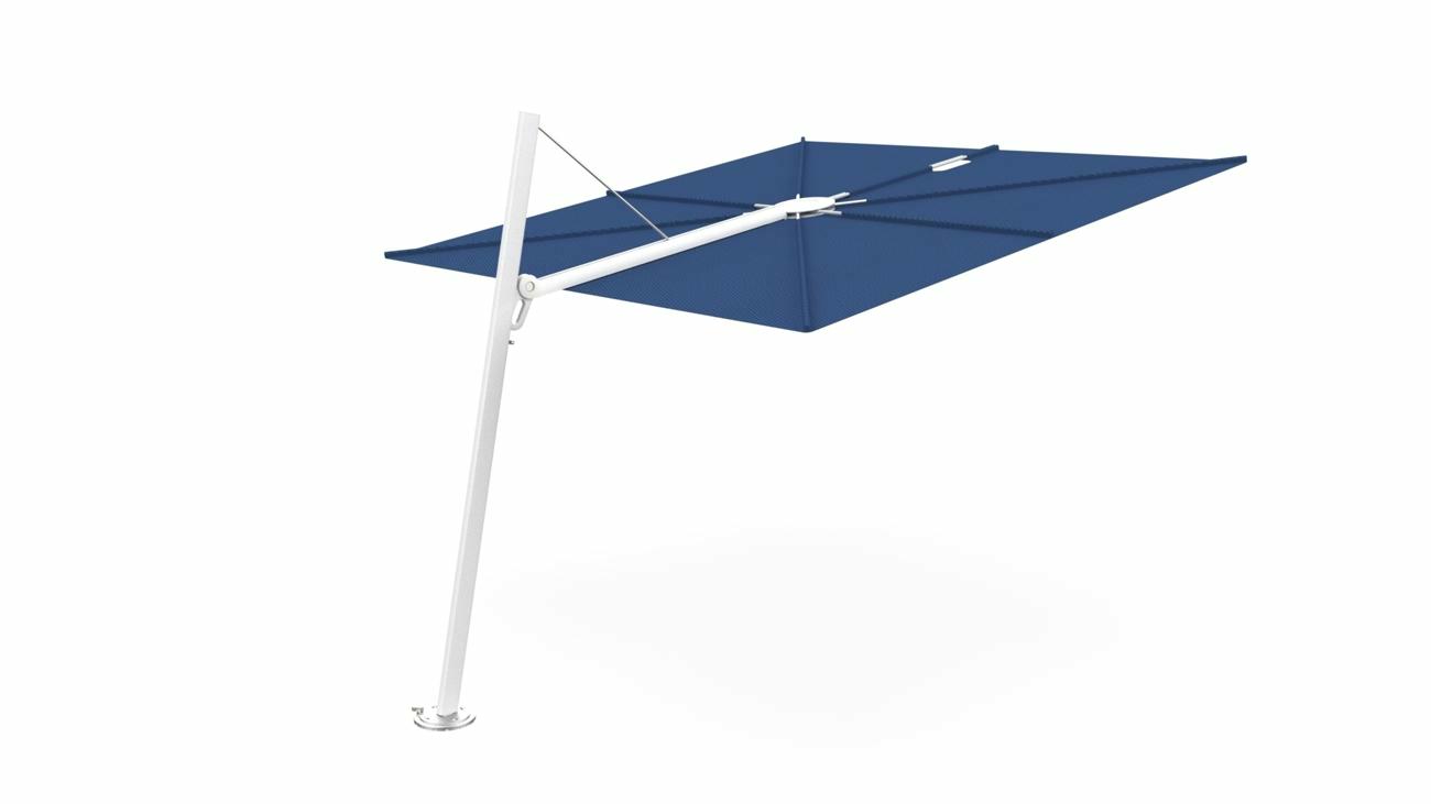 Spectra cantilever umbrella, forward (80°), 250 x 250 square, with frame in White and Solidum BlueStorm canopy.