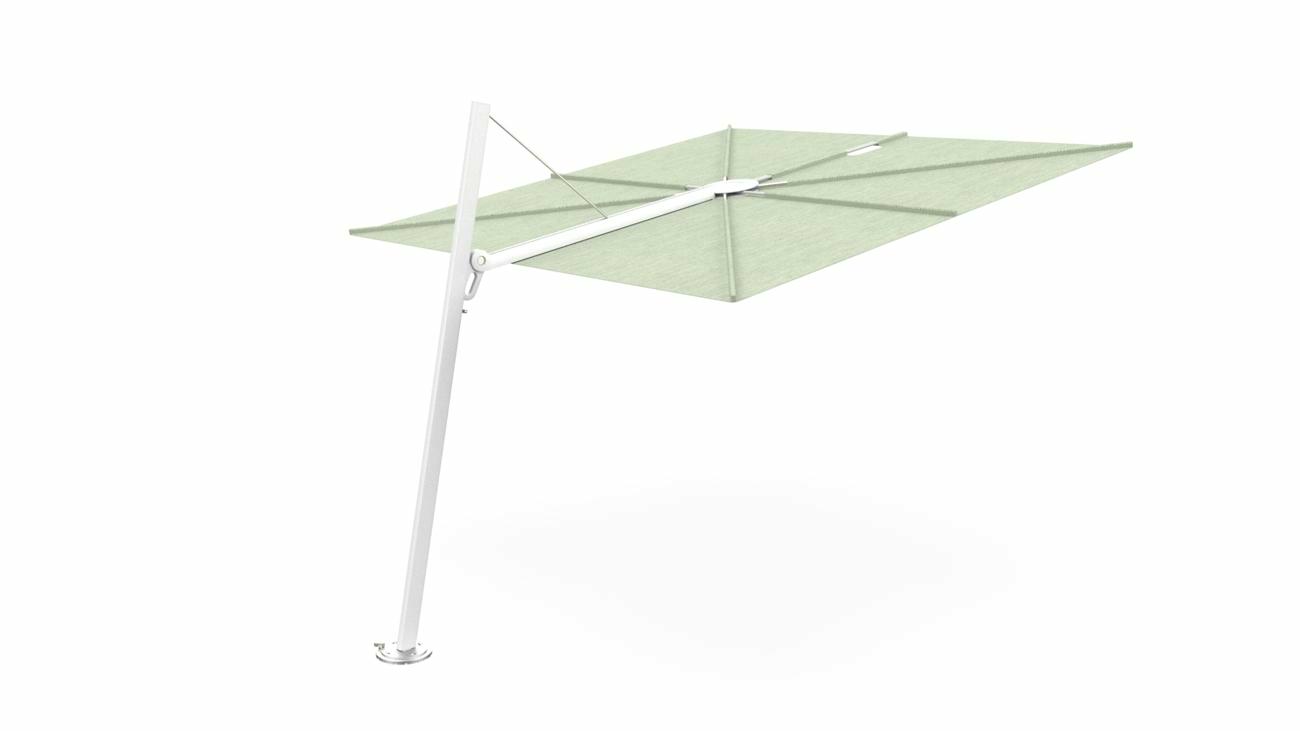 Spectra cantilever umbrella, forward (80°), 250 x 250 square, with frame in White and Solidum Mint canopy.