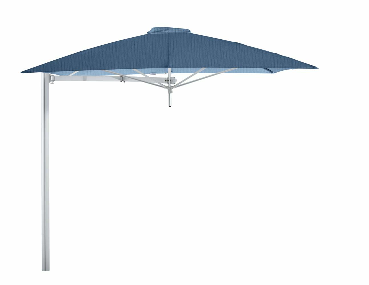 Paraflex cantilever umbrella square 2,3 m with Blue Storm fabric and a Neo arm
