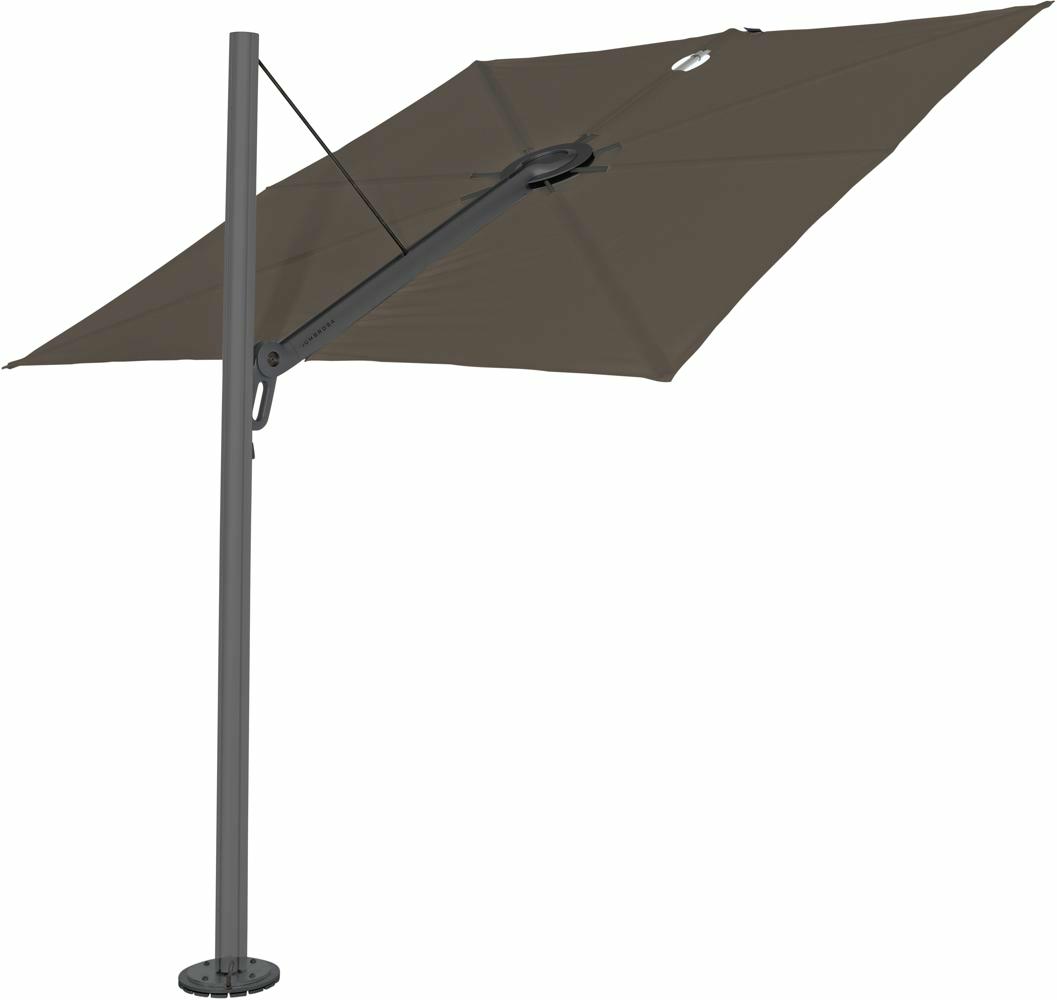 Spectra cantilever umbrella, straight (90°), 300 x 300 square, with frame in Dusk (15 cm) and Solidum Taupe canopy.