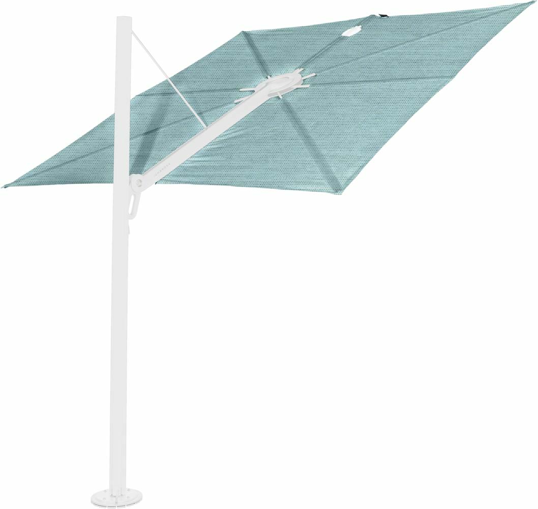 Spectra cantilever umbrella, straight (90°), 300 x 300 square, with frame in White and Solidum Curacao canopy.