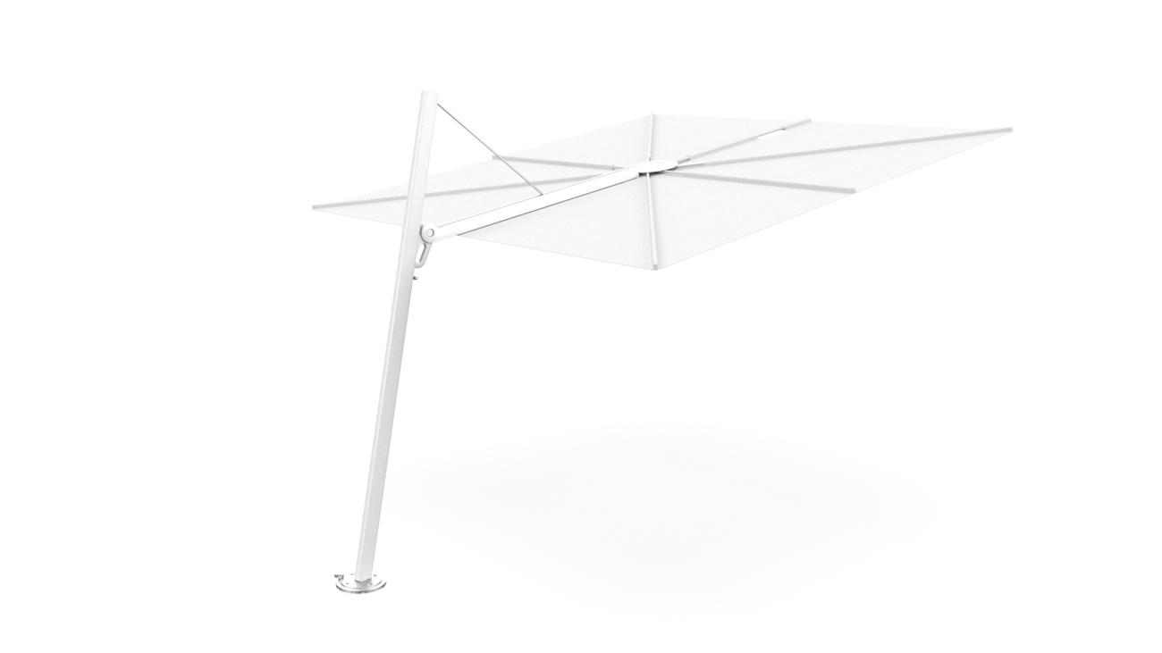 Spectra cantilever umbrella, forward (80°), 300 x 300 square, with frame in White and Solidum Natural canopy.