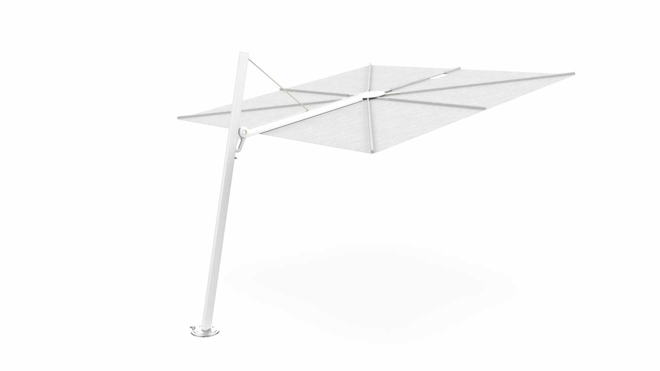 Spectra cantilever umbrella, forward (80°), 300 x 300 square, with frame in White and Solidum Marble canopy.