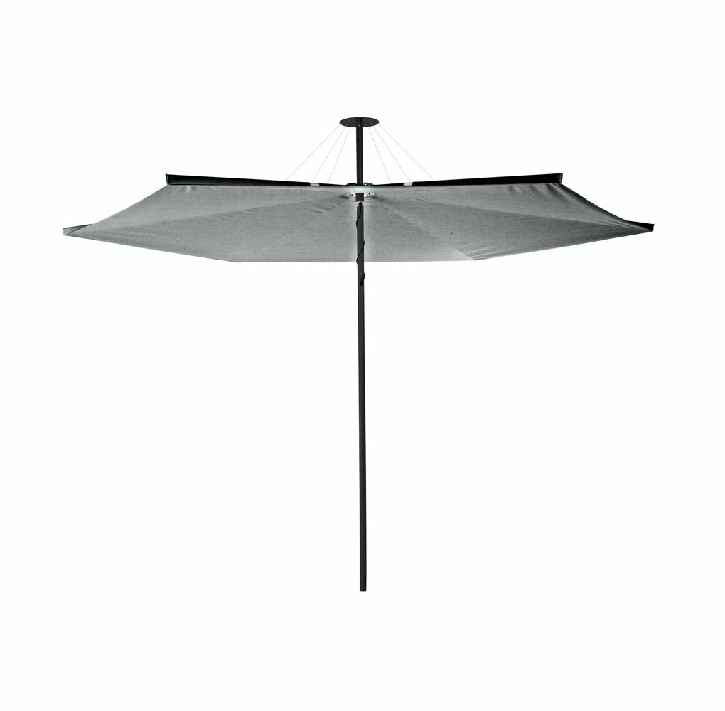 Infina center post umbrella, 3 m round, with frame in Dusk and Solidum Flanelle canopy.