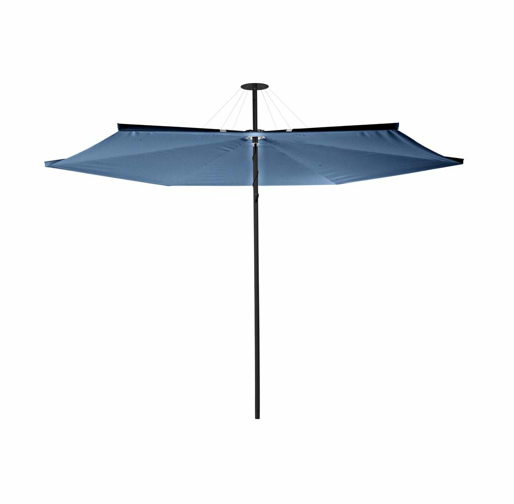 Infina center post umbrella, 3 m round, with frame in Dusk and Solidum BlueStorm canopy.