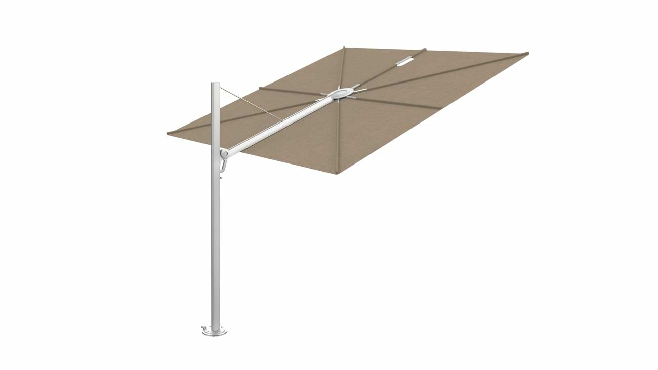 Spectra cantilever umbrella, straight (90°), 300 x 300 square, with frame in Aluminum and Sand canopy.