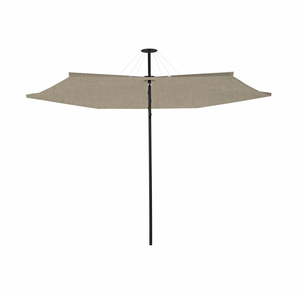 Infina center post umbrella, 3 m round, with frame in Dusk and Sunbrella Sand canopy.