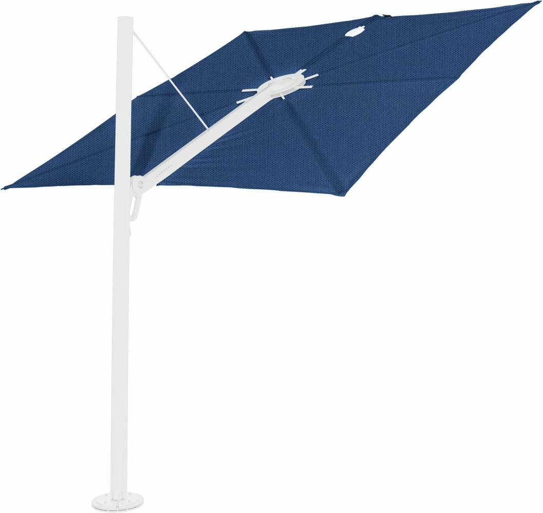 Spectra cantilever umbrella, straight (90°), 300 x 300 square, with frame in White and Solidum BlueStorm canopy.