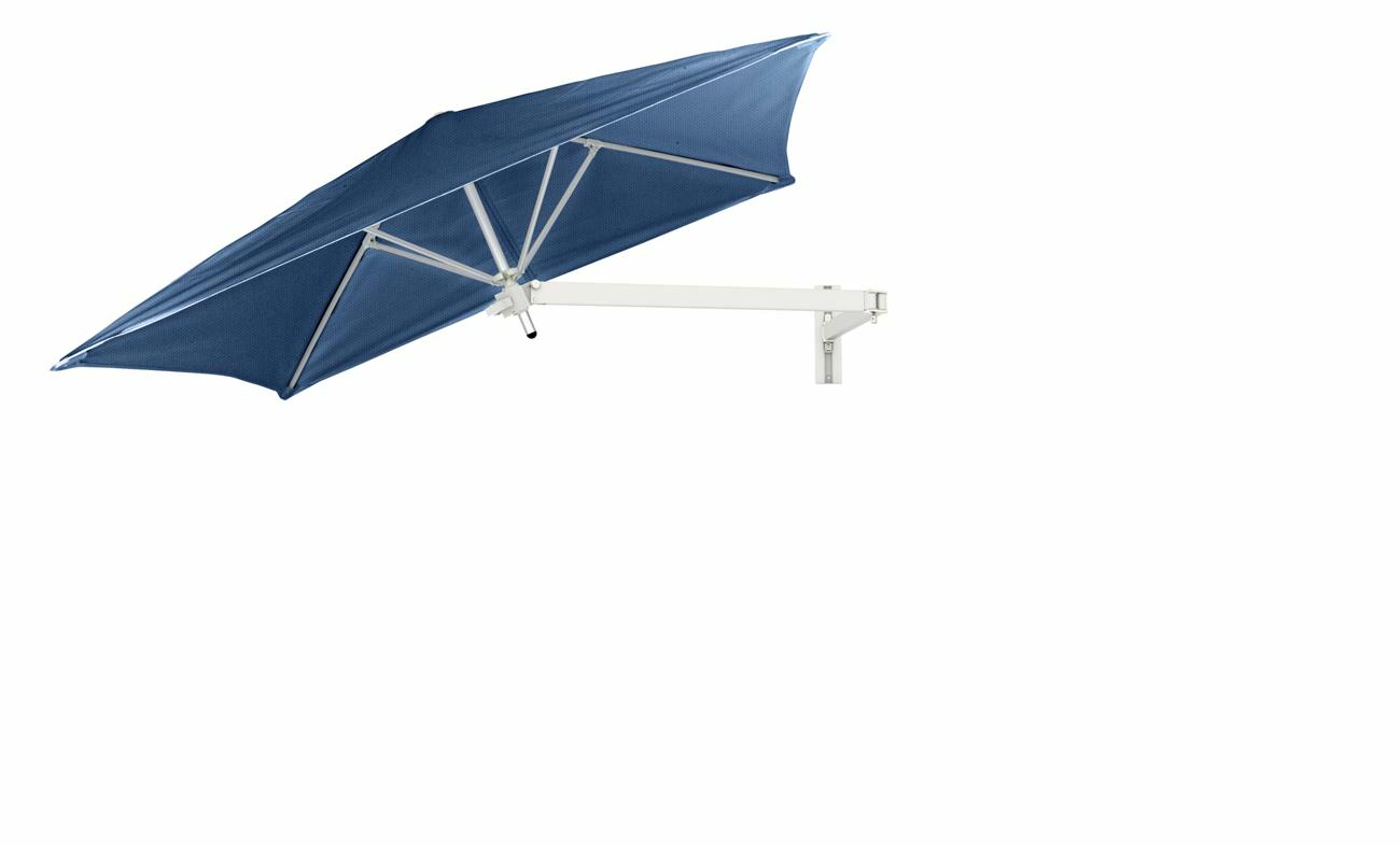 Paraflex wall mounted parasols square 1,9 m with Blue Storm fabric and a Neo arm