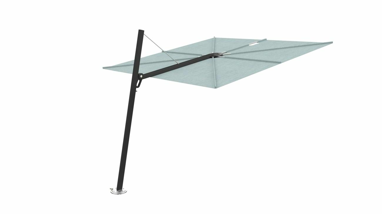 Spectra cantilever umbrella, forward (80°), 300 x 300 square, with frame in Dusk (15 cm) and Curacao canopy.