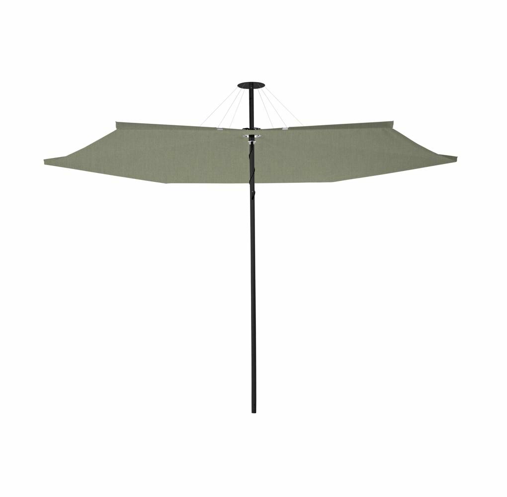 Infina center post umbrella, 3 m round, with frame in Dusk and Colorum Almond canopy.
