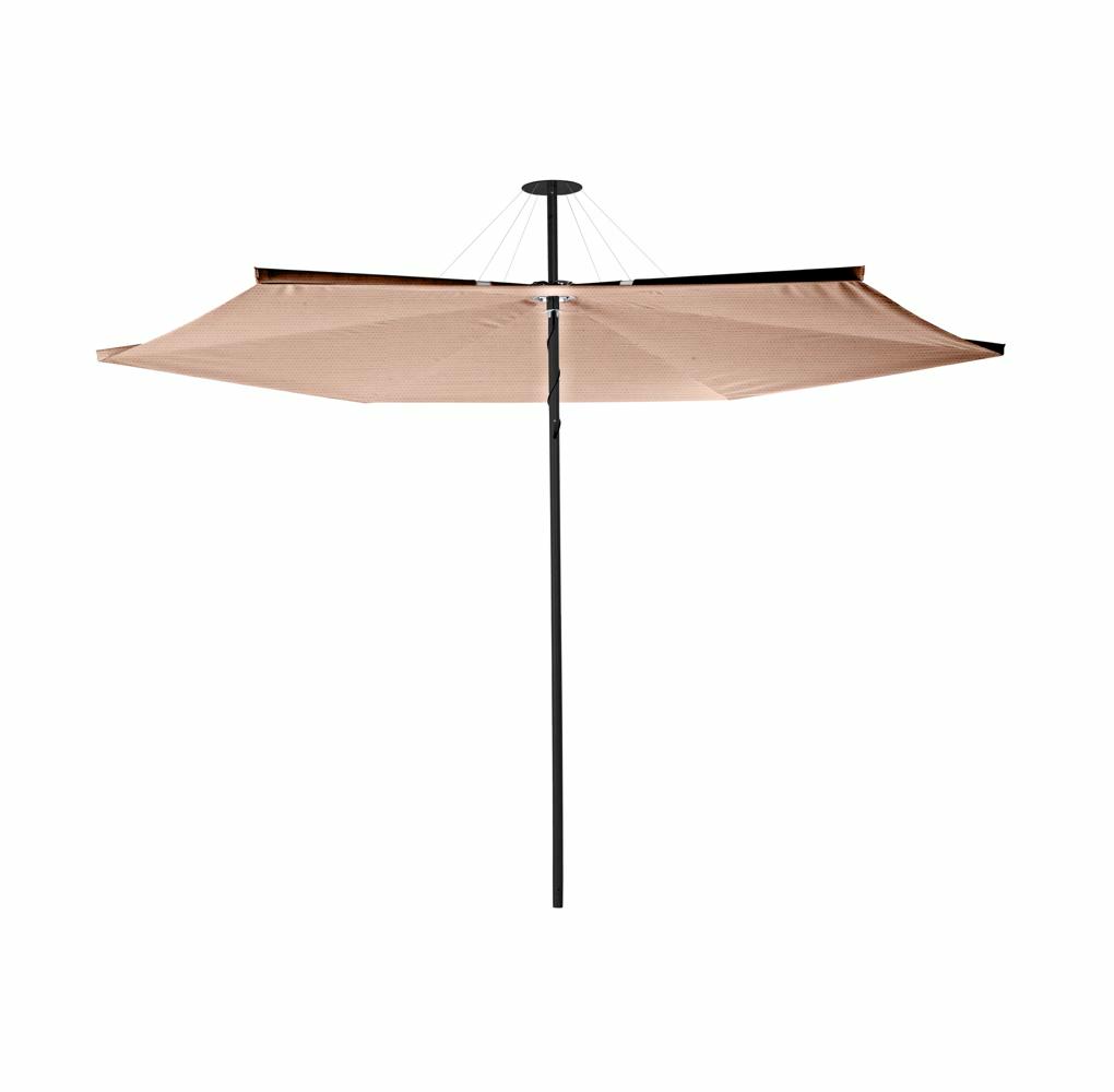 Infina center post umbrella, 3 m round, with frame in Dusk and Colorum  Blush canopy.