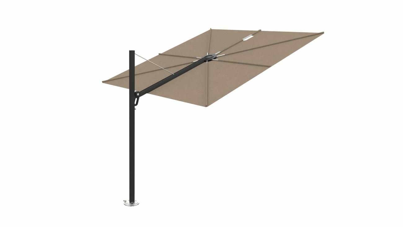 Spectra cantilever umbrella, straight (90°), 300 x 300 square, with frame in Black (15 cm) and Sand canopy.