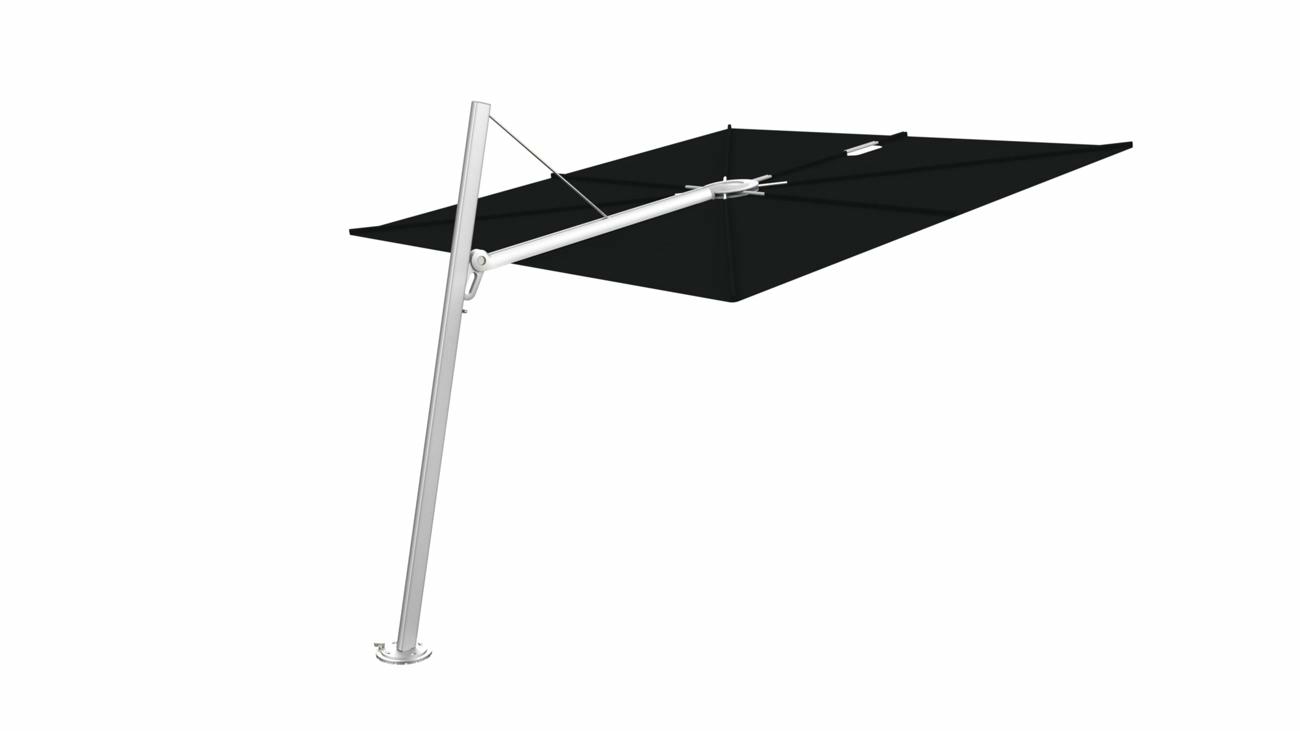 Spectra cantilever umbrella, forward (80°), 300 x 300 square, with frame in Aluminum and Black canopy.