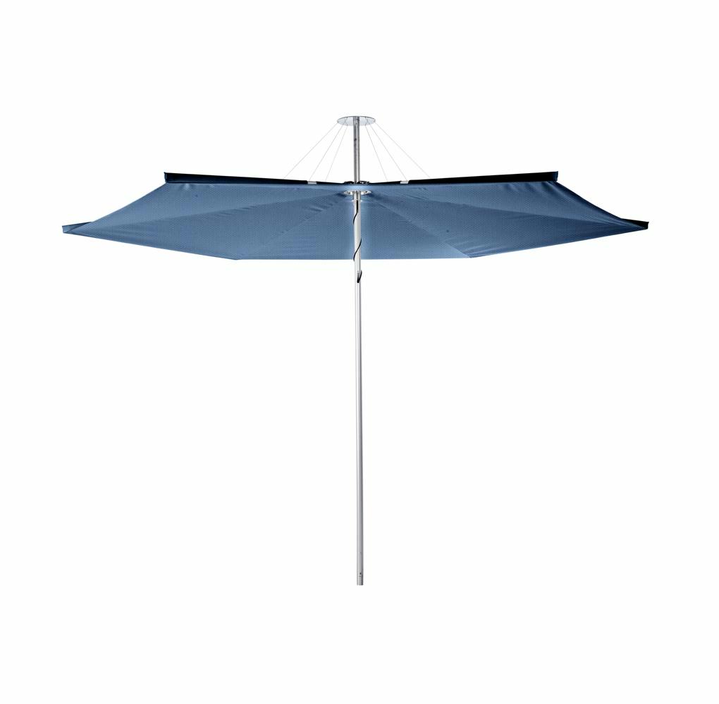 Infina center post umbrella, 3 m round, with frame in Aluminum and Colorum BlueStorm canopy.