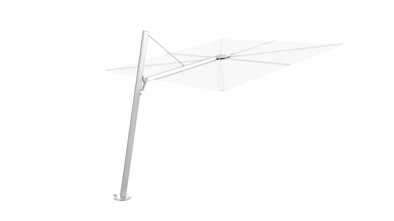 Spectra cantilever umbrella, forward (80°), 250 x 250 square, with frame in Aluminum and Solidum Natural canopy.