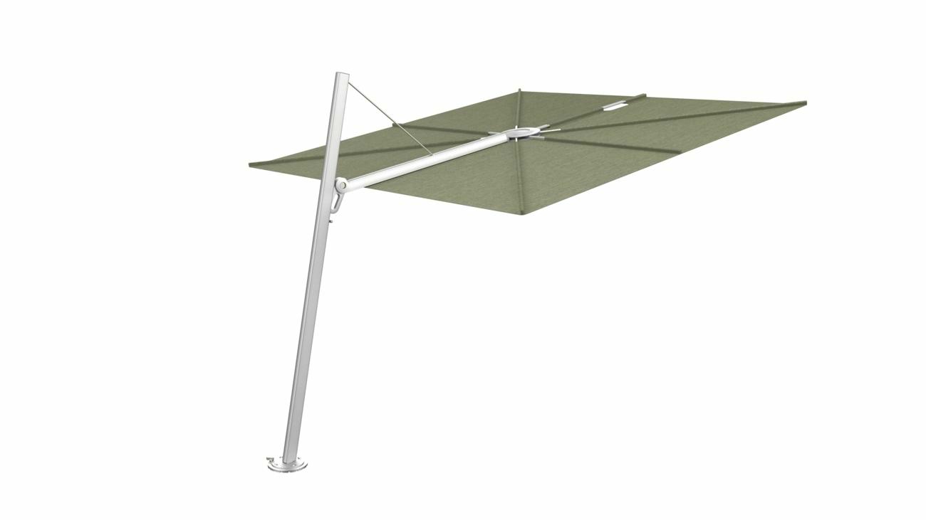 Spectra cantilever umbrella, forward (80°), 250 x 250 square, with frame in Aluminum and Almond canopy.