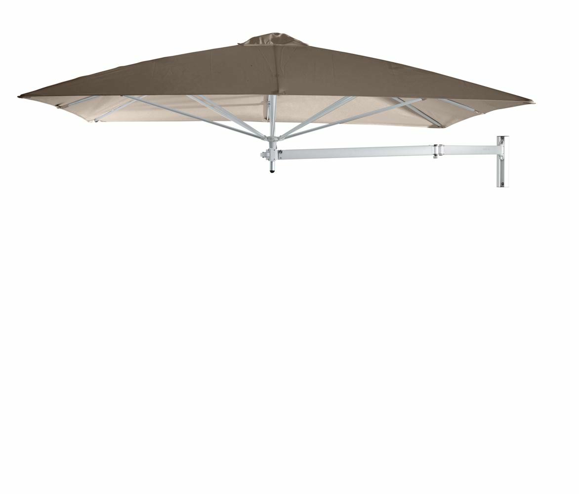 Paraflex wall mounted parasols square 2,3 m with Taupe fabric and a Neo arm