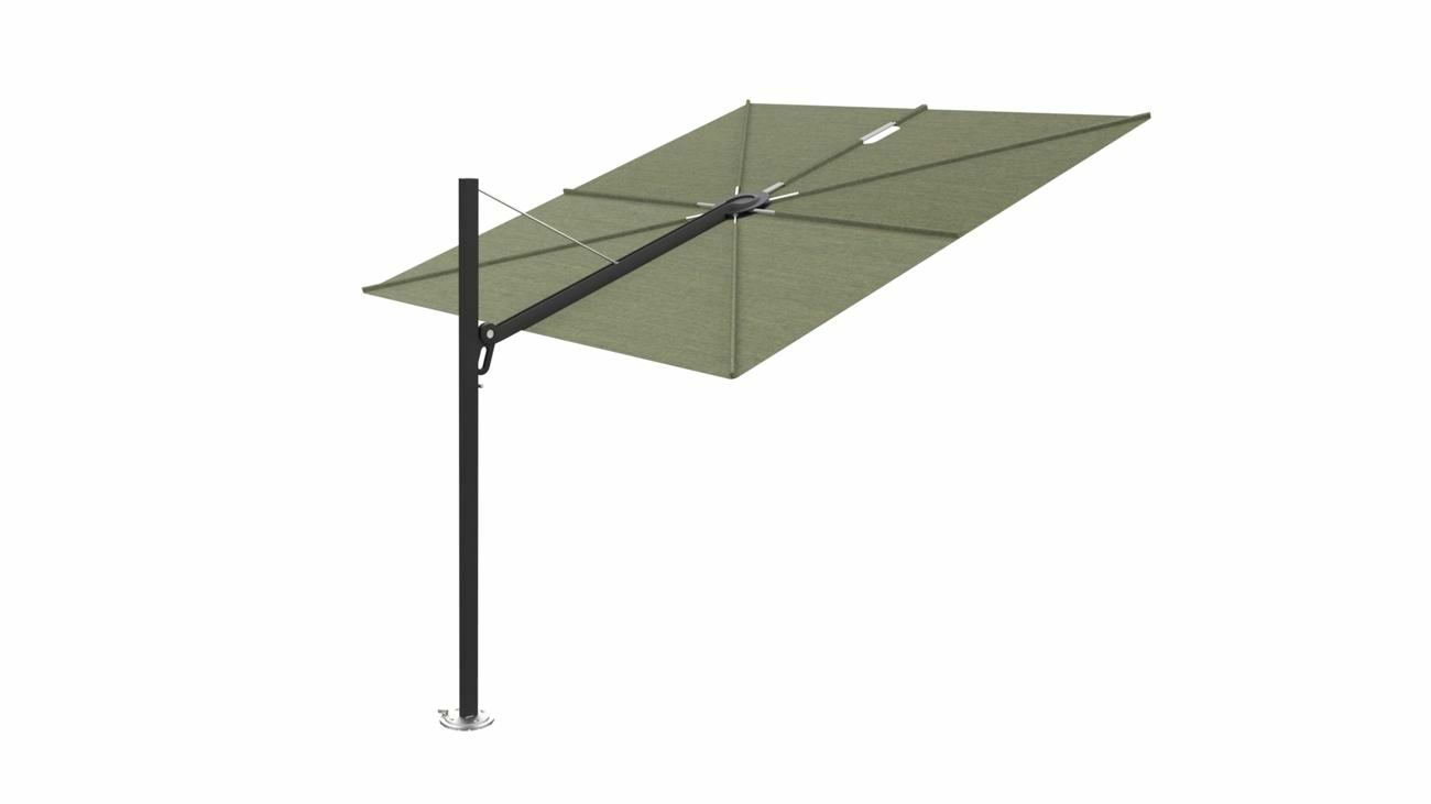 Spectra cantilever umbrella, straight (90°), 300 x 300 square, with frame in Black (15 cm) and Almond canopy.