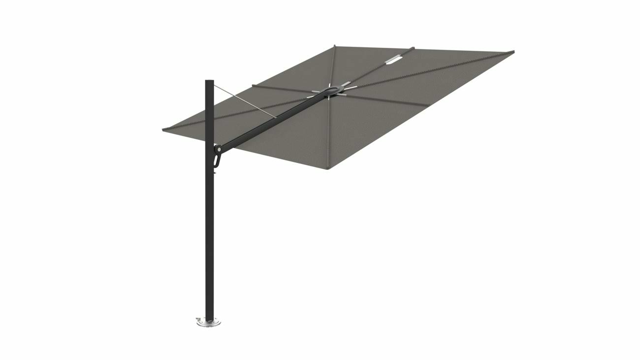 Spectra cantilever umbrella, straight (90°), 300 x 300 square, with frame in Black (15 cm) and Solidum Grey canopy.
