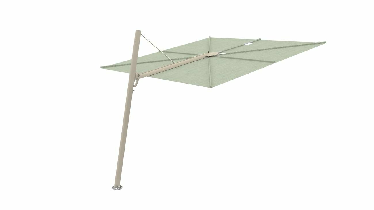 Spectra cantilever umbrella, forward (80°), 250 x 250 square, with frame in Beige Limestone and  Mint canopy.