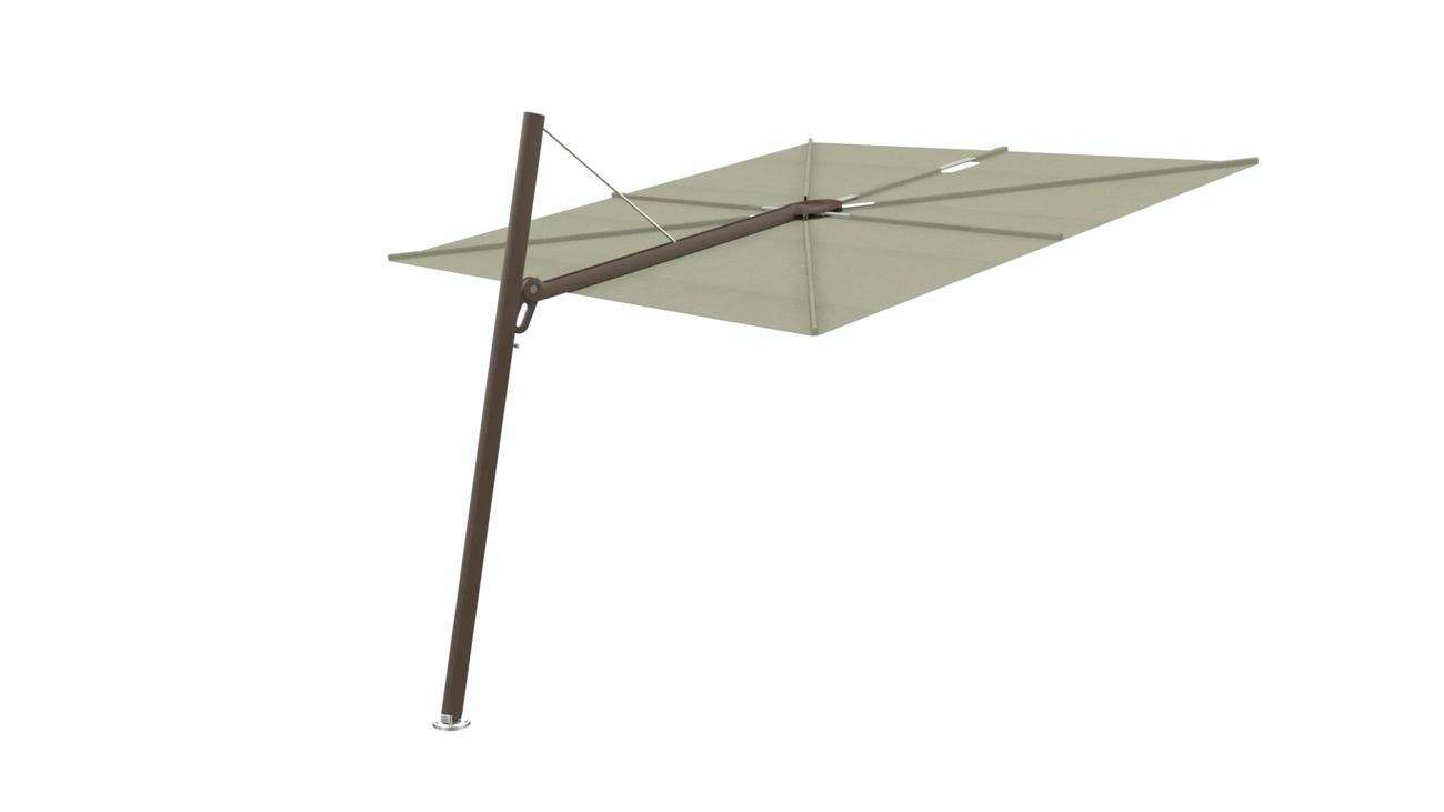 Spectra cantilever umbrella, forward (80°), 250 x 250 square, with frame in Bronze and Apio canopy.