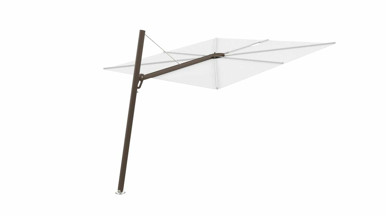 Spectra cantilever umbrella, forward (80°), 250 x 250 square, with frame in Bronze and Solidum Natural canopy.