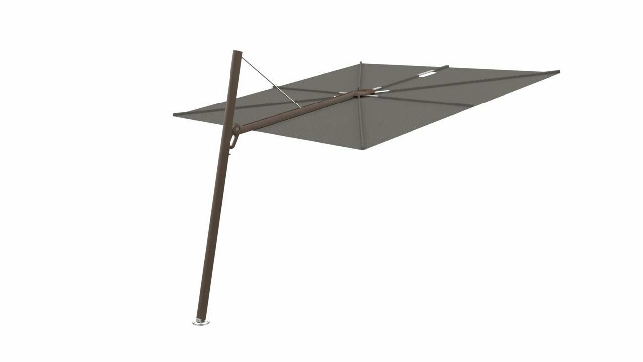 Spectra cantilever umbrella, forward (80°), 250 x 250 square, with frame in Bronze and  Grey canopy.