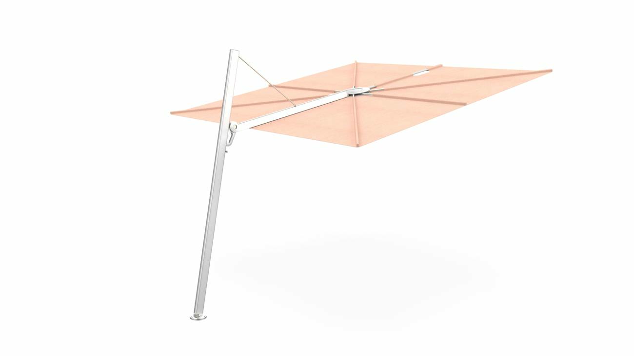 Spectra cantilever umbrella, forward (80°), 250 x 250 square, with frame in Aluminum and Blush canopy.