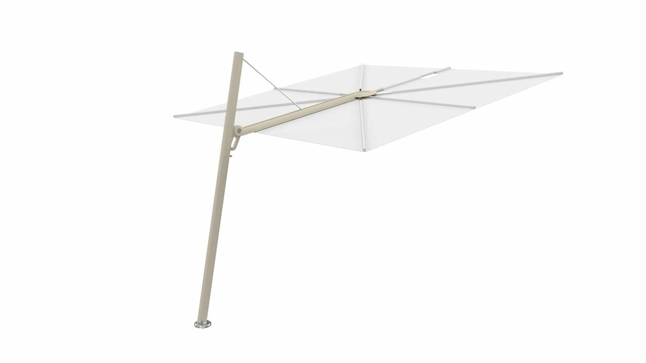 Spectra cantilever umbrella, forward (80°), 250 x 250 square, with frame in Beige Limestone and Solidum Natural canopy.