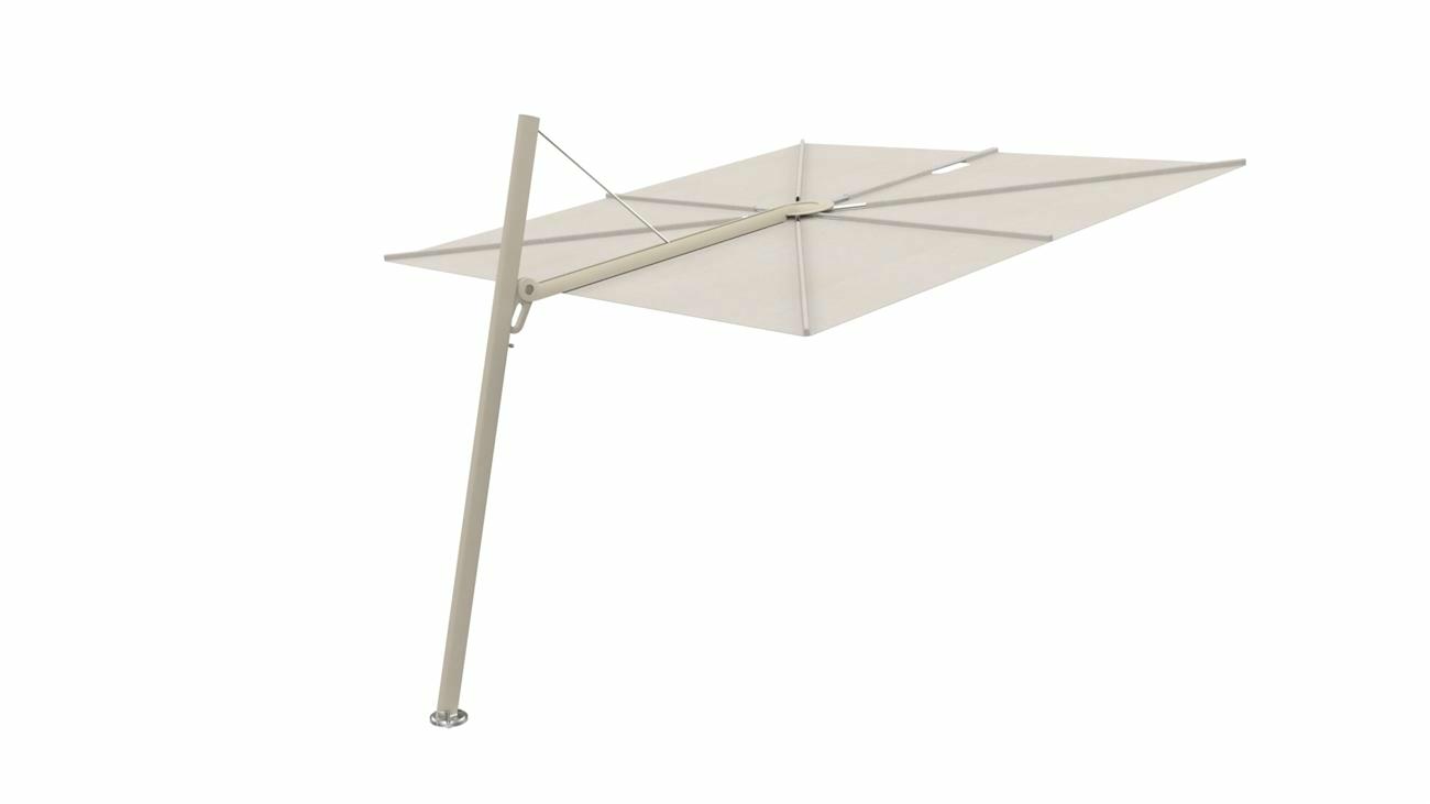 Spectra cantilever umbrella, forward (80°), 250 x 250 square, with frame in Beige Limestone and Solidum Canvas canopy.