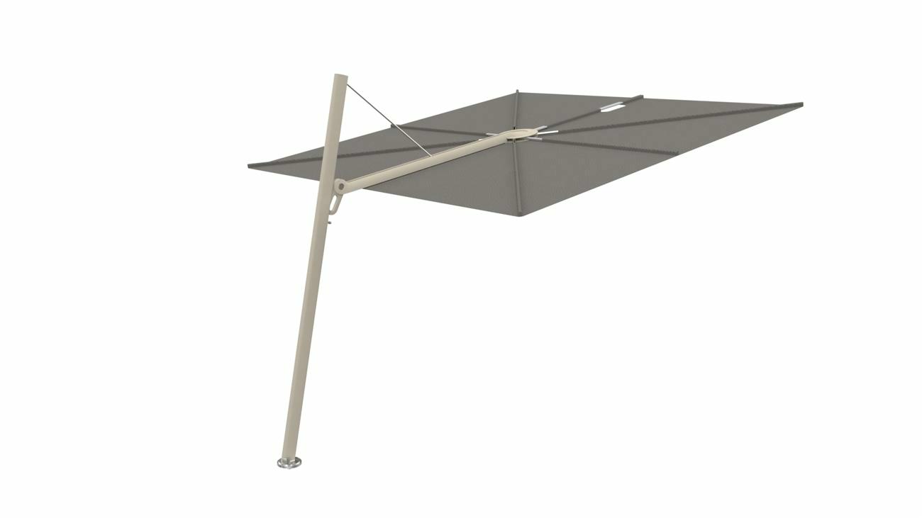 Spectra cantilever umbrella, forward (80°), 250 x 250 square, with frame in Beige Limestone and Solidum Grey canopy.