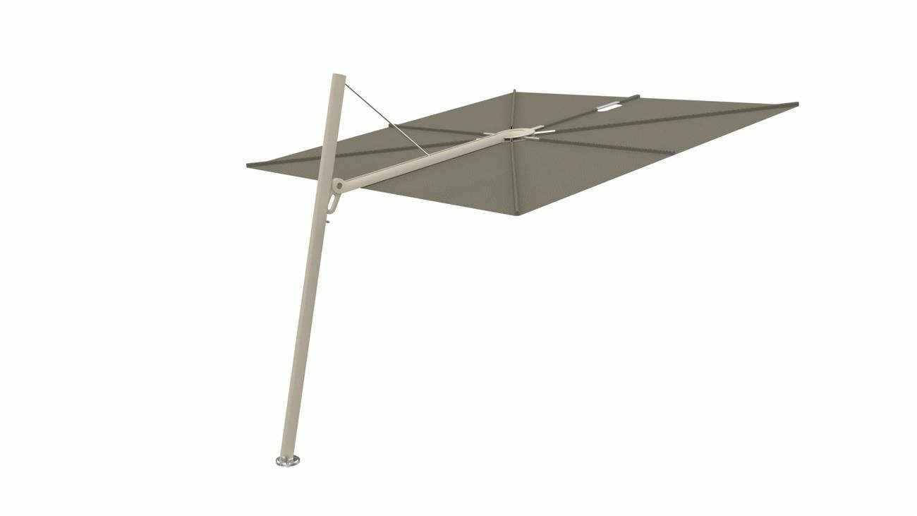 Spectra cantilever umbrella, forward (80°), 250 x 250 square, with frame in Beige Limestone and Solidum TAUPE canopy.