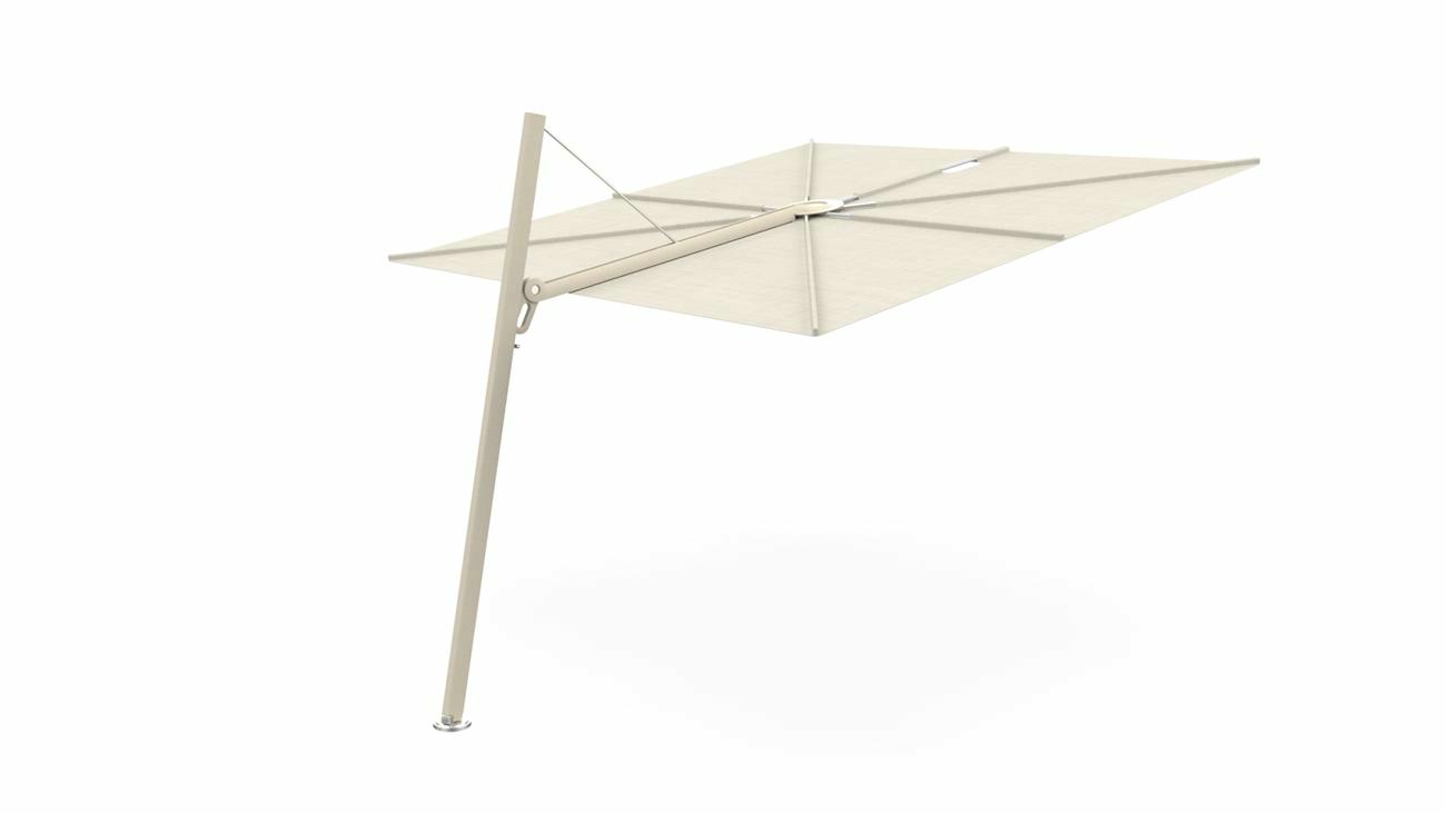 Spectra cantilever umbrella, forward (80°), 250 x 250 square, with frame in Beige Limestone and  Lin canopy.