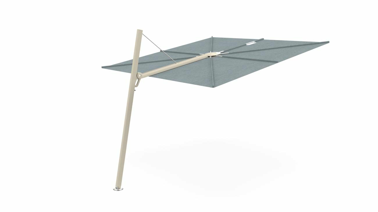 Spectra cantilever umbrella, forward (80°), 250 x 250 square, with frame in Beige Limestone and  Acqua canopy.