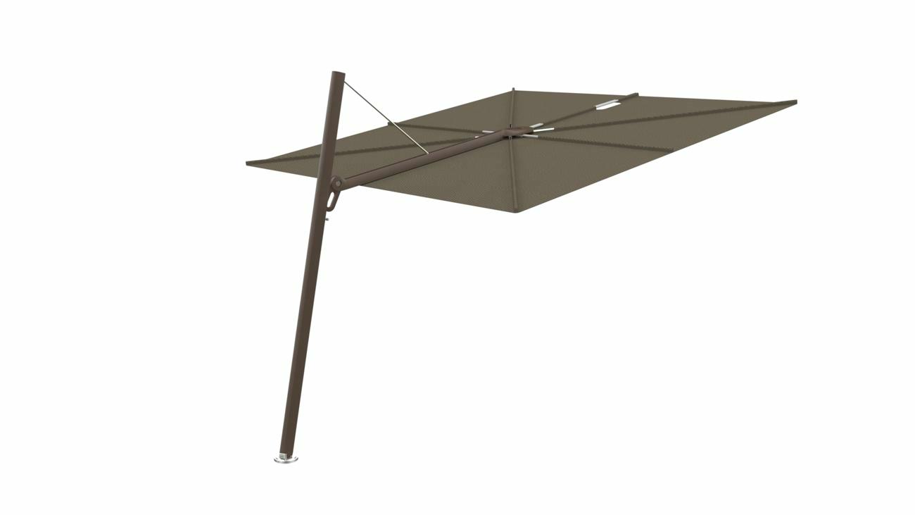 Spectra cantilever umbrella, forward (80°), 250 x 250 square, with frame in Bronze and Solidum Taupe canopy.