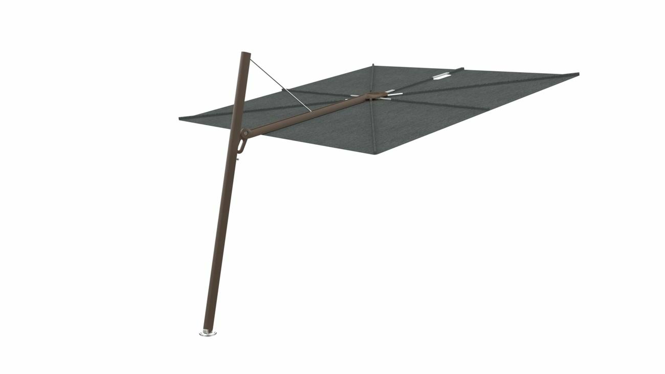 Spectra cantilever umbrella, forward (80°), 250 x 250 square, with frame in Bronze and Flanelle canopy.