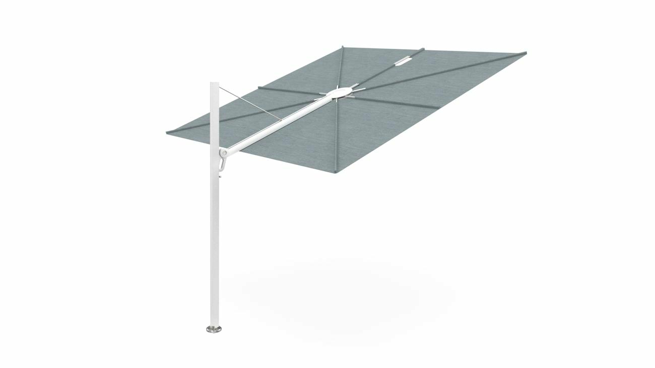 Spectra cantilever umbrella, straight (90°), 300 x 300 square, with frame in White and Acqua canopy.