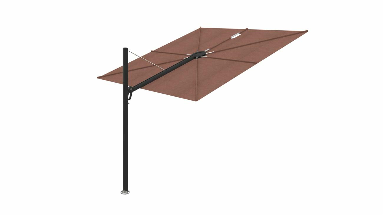 Spectra cantilever umbrella, straight (90°), 300 x 300 square, with frame in Black and Terra canopy.