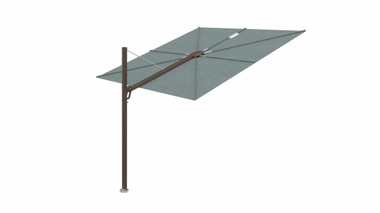 Spectra cantilever umbrella, straight (90°), 300 x 300 square, with frame in Bronze and Acqua canopy.