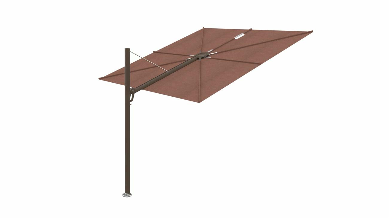 Spectra cantilever umbrella, straight (90°), 300 x 300 square, with frame in Bronze and Terra canopy.